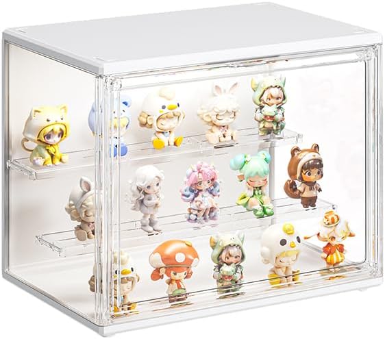 3 Tiers Clear Display Case with Lights, Acrylic Storage Organizers Box with Magnetic Door, Acrylic Dustproof Showcase for Collectibles Action Figure((1, White Medium)
