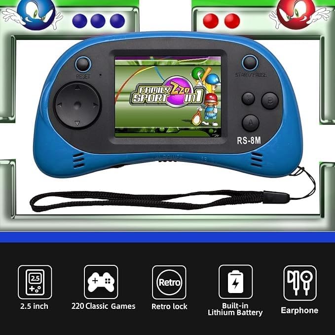 E-MODS GAMING Kids Handheld Games 16 Bit Retro Video Games Console with 220 HD Electronic Games - 2.5'' LCD Portable Travel Games Entertainment Gifts for Boys Girls Ages 4-12 (New Blue)