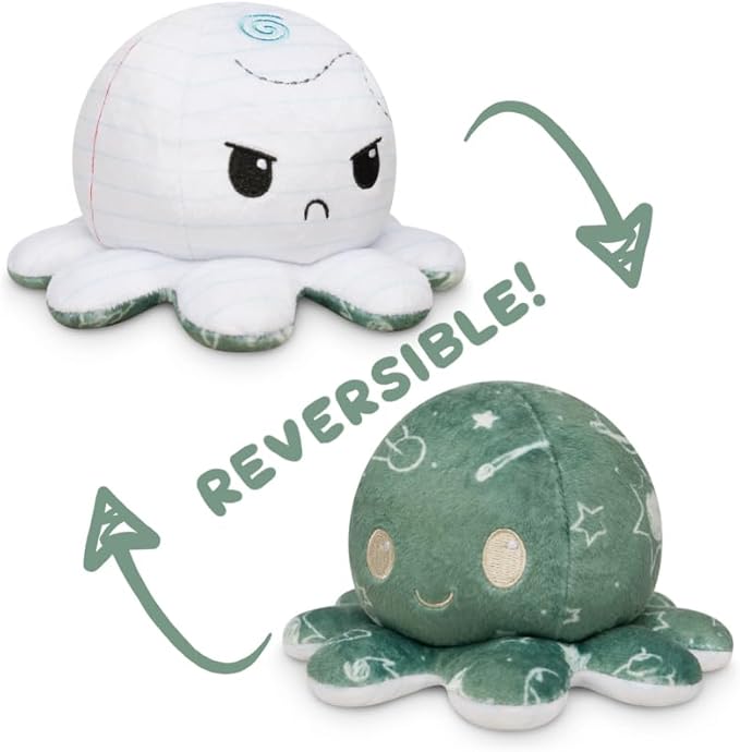 TeeTurtle Reversible Octopus Plushie 4-Inch Chalkboard + Notebook Two-Sided Flip Plush Toy with Embroidered Details Cute Mini Collectible Plush for Kids, Teens, and Adults