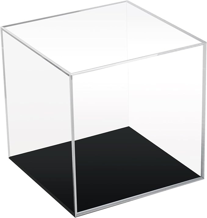 Clear Acrylic Simple Self-Assembly Display Box with Black Base, Removable Figures Toys Props Display Riser Stand, Cube Countertop Decorative Storage Box for Home Organization, 5x5x5Inch