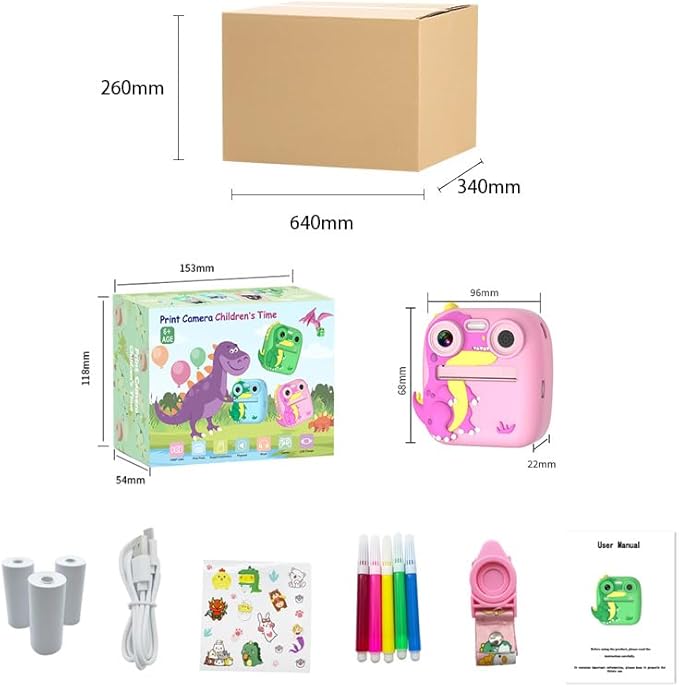 OKYUK Kids Camera Instant Print, OKYUKKLXJ-2, Instant Film Camera with 32GB TF Card, Dinosaur Selfie Camera, Birthday Gift