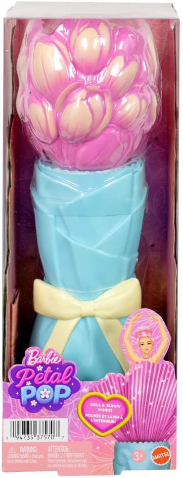 Barbie Petal Pop Scented Doll with Pink Tulip Dress & Accessories, Bouquet Reveal with Pet Bunny & Surprises Like Watering Can, Necklace & Earrings