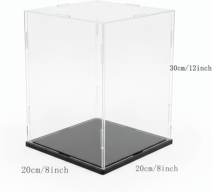 Clear Acrylic Display Case, Assemble Cube Display Box Stand with Black Base, Dustproof Protection Showcase for Collectibles Memorabilia Figurines (8*8*12inch;20*20*H30cm)