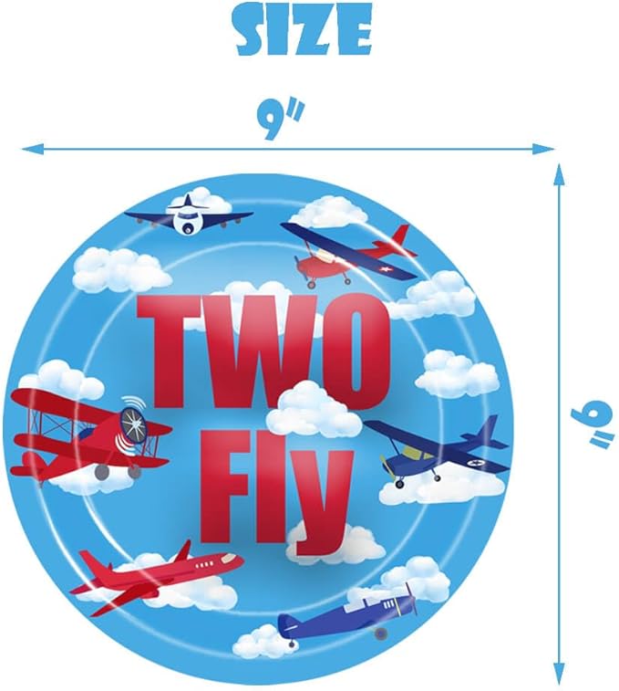 Airplane 2nd Birthday Party Plates Two Fly Disposable Paper Dinner Plates Dinnerware for Aviation Theme Boys Two Years Old Birthday Party Supplies Decorations