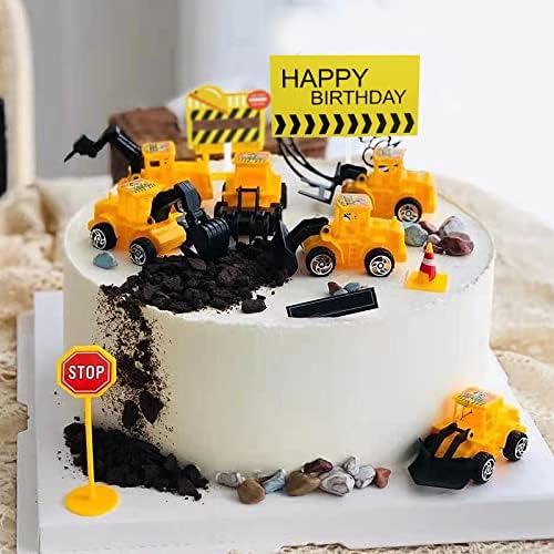 18 PCS Construction Cake Toppers Vehicles Cake Decoration Set Excavator Tower Crane Cupcake Topper Traffic and Road Sign Decor Happy Birthday Party Supplies Favors