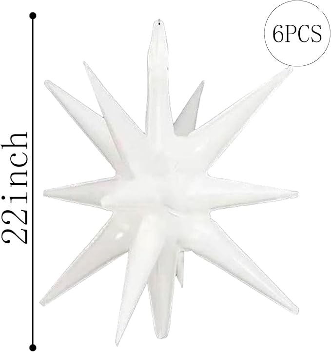 6 Pcs White Star Foil Balloons One-Piece 14-Pointed Star Balloon 4D Cone Mylar 22inch Christmas Birthday Wedding Fireworks Shape Party Supplies (White) ﻿