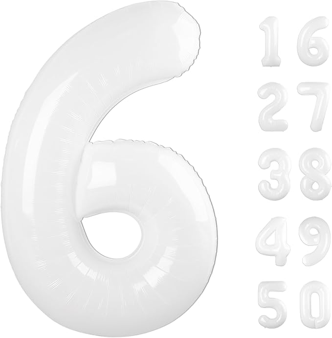 40 Inch Number 6 White Foil Helium Balloon - Birthday Gift for 6 Year Old Girl Boy 6th 16th 26th 36th 46th 50th 55th Wedding Anniversary Party Decorations