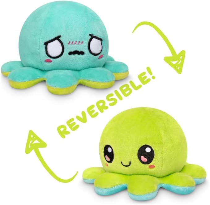 TeeTurtle Reversible Octopus Plushie - 4-Inch Happy Green + Worried Aqua Two-Sided Flip Plush Toy with Embroidered Details - Cute Mini Collectible Plush for Kids, Teens, and Adults