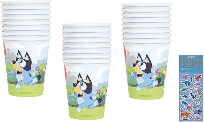 Bluey Birthday Party Supplies Bundle includes 24 Paper Cups 9oz and 1 Dinosaur Sticker Sheet