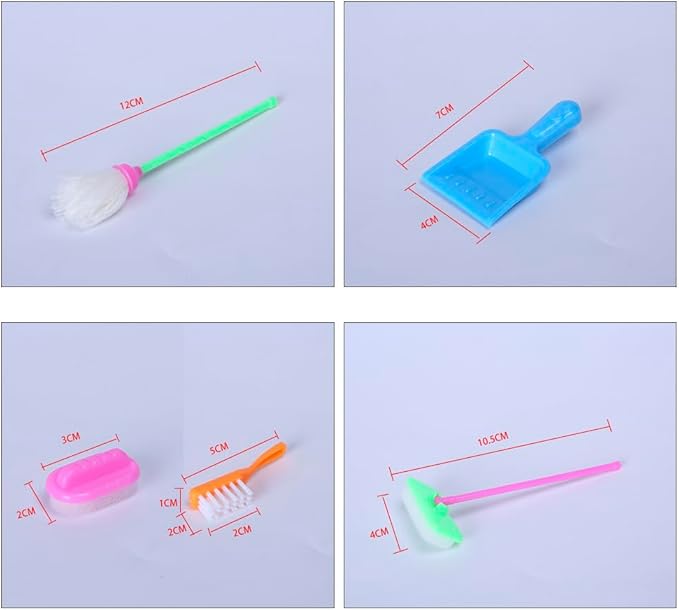 E-TING Miniature Mop Dust Pan, Brush, Broom, Plastic Bucket Doll Housework Cleaning Supplies Tools Set Dollhouse Furniture Decoration Accessories for 7-11.5 inch Dolls Accessories, Multicolored
