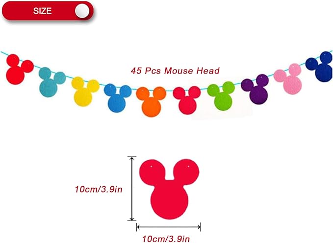 45pcs Rainbow Mouse Head Banner Flags Colorful Felt Fabric Cartoon Banners Reusable Cutouts Mouse Garland for Birthday Party Decoration Supplies, Room Decor, Baby Shower, Classroom Decorations