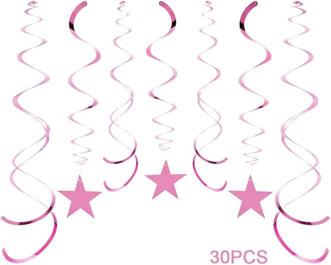 Star Party Hanging Swirls, 30 PCS, Pink Foil Ceiling Party Favors for Birthday Decorations, BabyShower,Graduation,Wedding