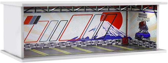 1/64 Scale Hot die-cast Wheels Model car scenarios Display case with LED Light and Acrylic Cover, Scenes Parking lot Diorama Storage Garage Box with 6 Parking Spaces (Fuji)