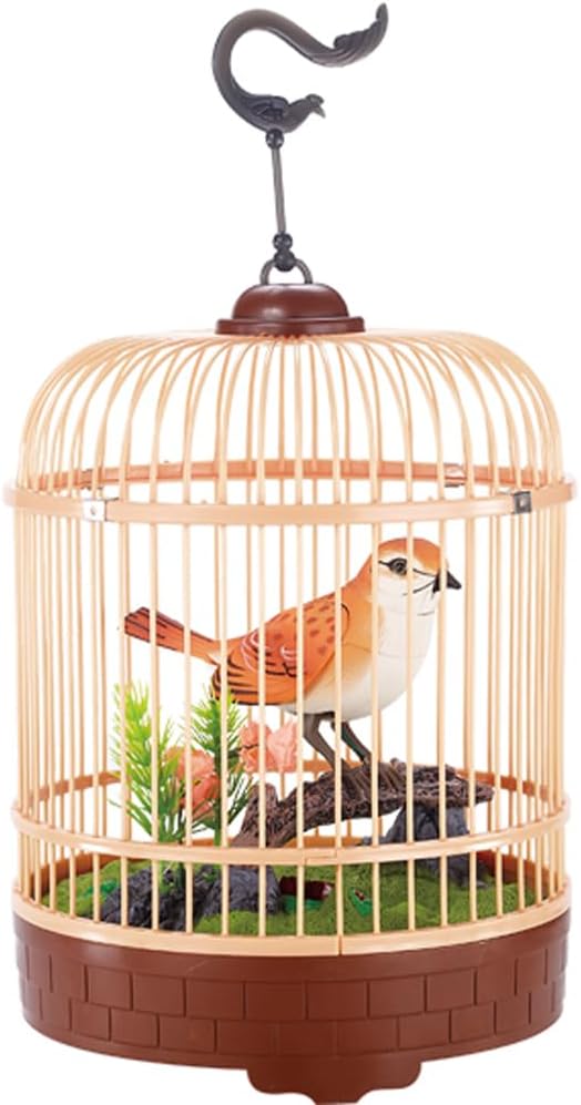 PowerTRC Singing & Chirping Bird in Cage, Realistic Sounds & Movements, Sound Activated, Battery Operated, Great Desk and Room Accessory, Pet Caged Bird Toy (10” x 7”)