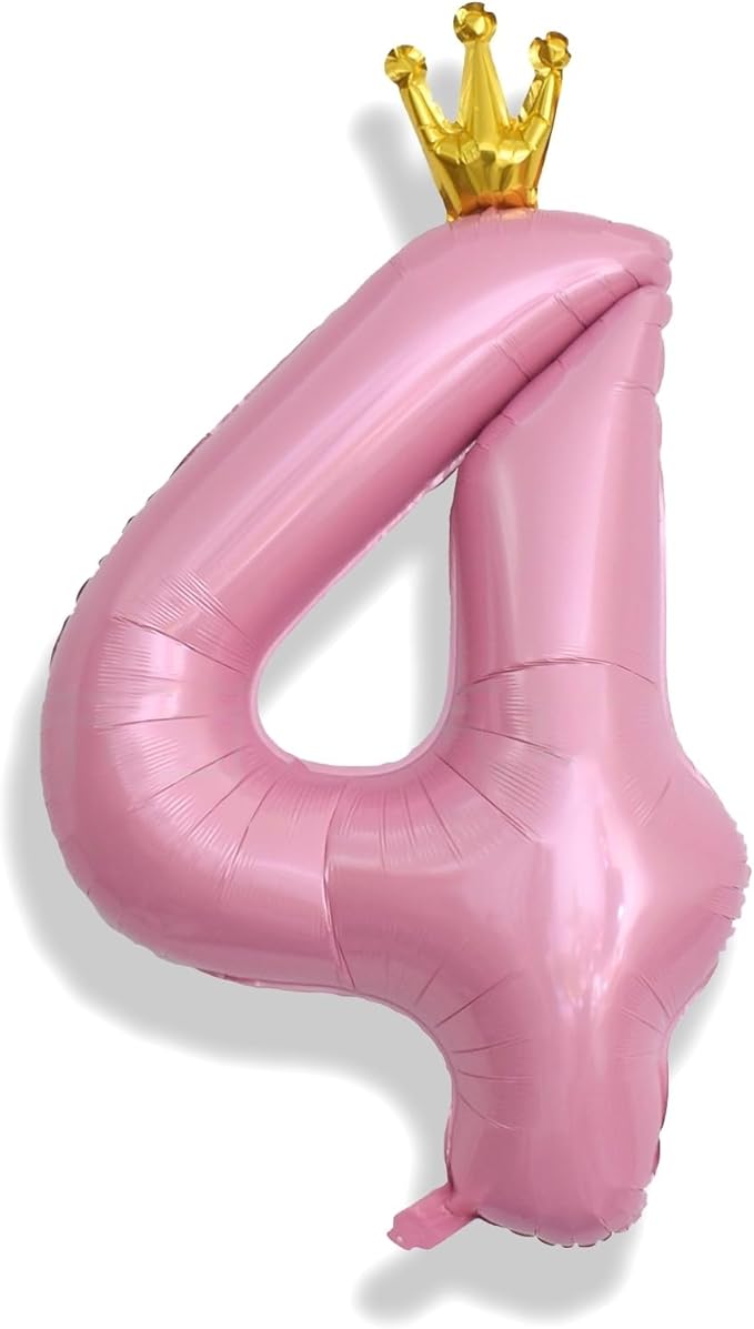 Crown Number Balloons 4 for Kids, Large Pastel Pink Number Balloon 0-9 Set, Foil Self Inflating 40 Inch Balloons for Girls 4th Birthday Party Decor Anniversary New Year Party Decoration Supplies