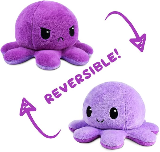 TeeTurtle Reversible Octopus Plushie 4-Inch Dark Purple + Light Purple Two-Sided Flip Plush Toy with Embroidered Details - Cute Mini Collectible Plush for Kids, Teens, and Adults