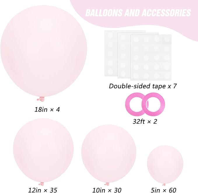 RUBFAC Pale Pink Balloons 129pcs Different Sizes Pack of 18 12 10 5 Inch, Latex Light Baby Pastel Pink Balloon Garland Arch Kit for Baby Shower Engagement Bachelorette Wedding Birthday Party
