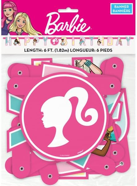 Barbie Birthday Party Supplies Bundle includes 1 Happy Birthday Banner, 3 Hanging Swirl Decorations, 1 Dinosaur Sticker Sheet
