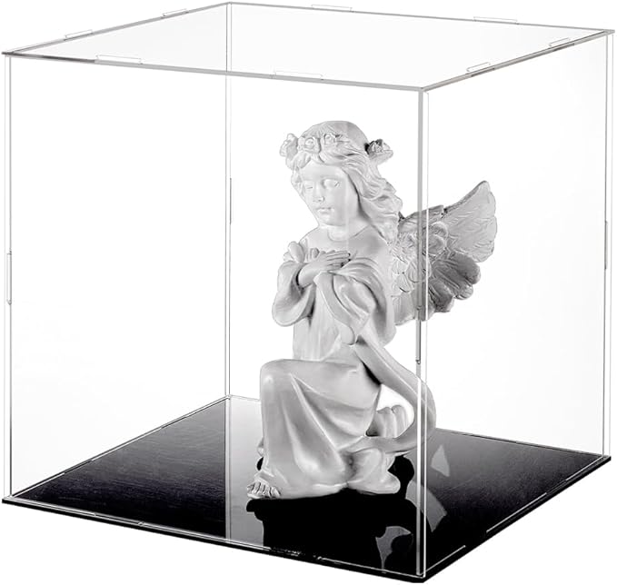 FINGERINSPIRE Clear Acrylic Display Case with Black Base & 4 Pcs Rubber Rings 10x10x10 Inch Cube Clear Self-Assembly Acrylic Box Dustproof Protection Showcase for Action Figures Collectibles Toys