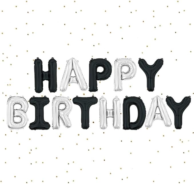 ZHENGYE Black Silvery Happy Birthday Balloon Letters Banner Sign Capital Mylar Foil Banner Balloons Boys Girls Birthday Party Decorations Supplies