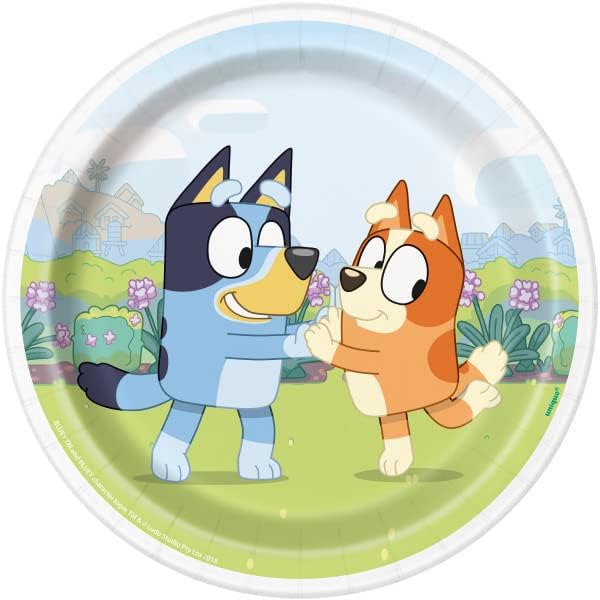 Bluey Birthday Party Supplies Bundle Pack includes 16 Dessert Cake Paper Plates and 1 Dinosaur Sticker Sheet