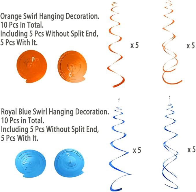 MOWO Orange and Royal Blue Foil Swirl Hanging Decoration for Birthday Graduation New Year Halloween Party Supplies,Pack of 20