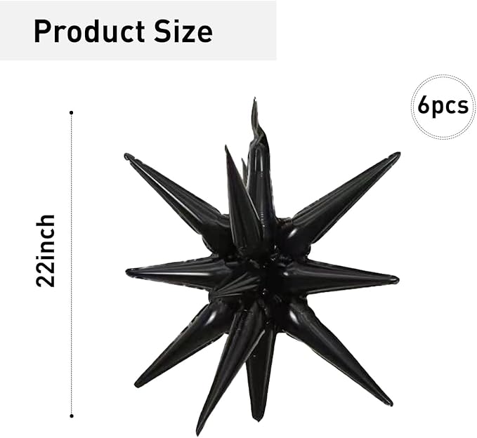 6 Pcs Black Star Foil Balloons One-Piece 14-Pointed Star Balloon 4D Starburst Cone Mylar Balloon 22inch Christmas Birthday Wedding Wedding Anniversary Party Supplies(Black)