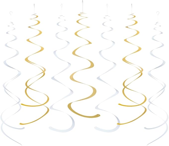 MOWO Gold and White Foil Swirl Hanging Decoration Streamer for Birthday Graduation New Year Wedding Party Supplies, Pack of 20
