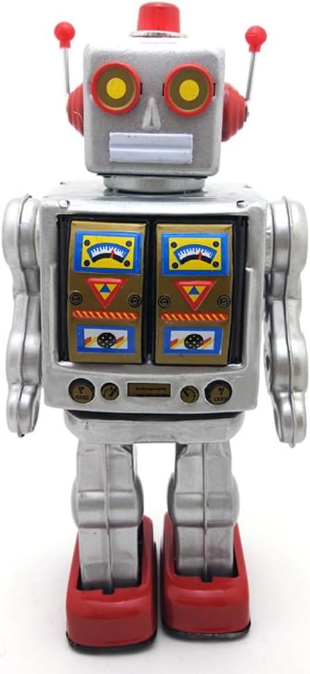 Charmgle Retro Tin Toys Walking Robot, Electric Rotating Desk Robot with Gun Fire Sound, Adult Collection Birthday Gifts Party Favor Handmade Robots Silver
