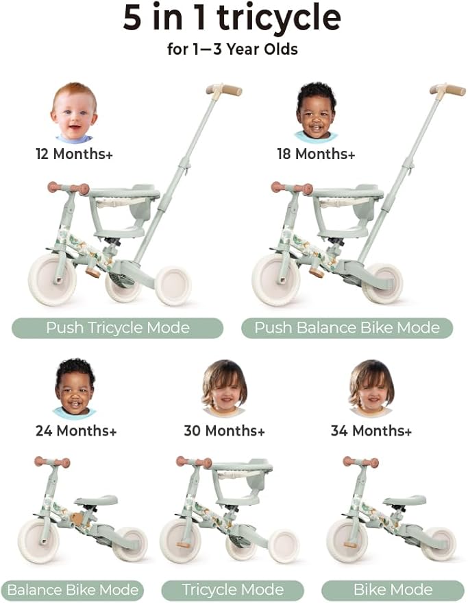 newyoo Lume TR008 Tricycle for Toddlers 1-3, 5-in-1 Push Bike with Parent Handle & Safety Guard, Convertible Balance Bike, Ideal Gift for 1-3 Year Olds, Moss