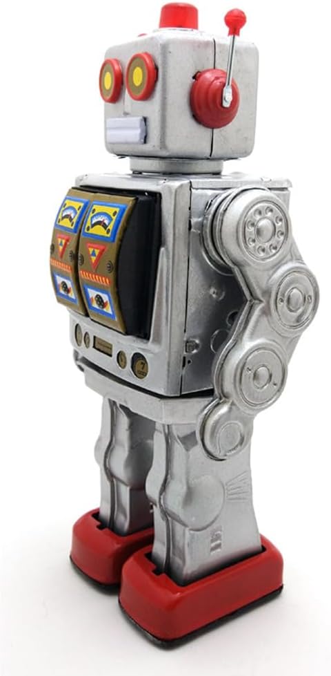 Charmgle Retro Tin Toys Walking Robot, Electric Rotating Desk Robot with Gun Fire Sound, Adult Collection Birthday Gifts Party Favor Handmade Robots Silver