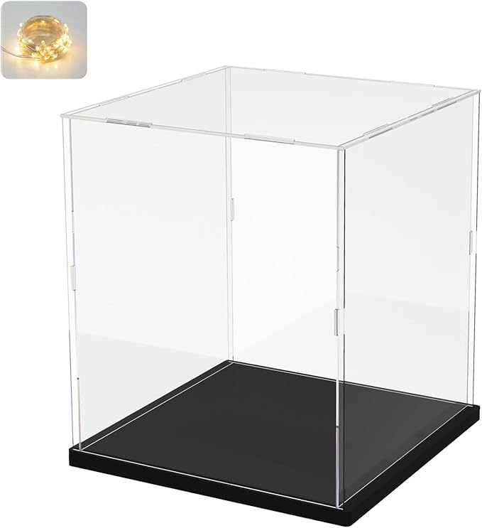 Thickened Clear Acrylic Display Case for Lego 75328 75976 Collectibles Minifigure, Self-Assembly Transparent Box Dustproof Protection with Wood-Plastic Base & String Light, Black Inside 5.9x5.9x7.9in