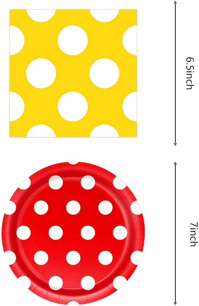 Mouse Party Decorations Red Black Yellow Polka Dot Tableware Set, include 20 Plates and 20 Napkins, for Mouse Color Boys Girls Party Supplies