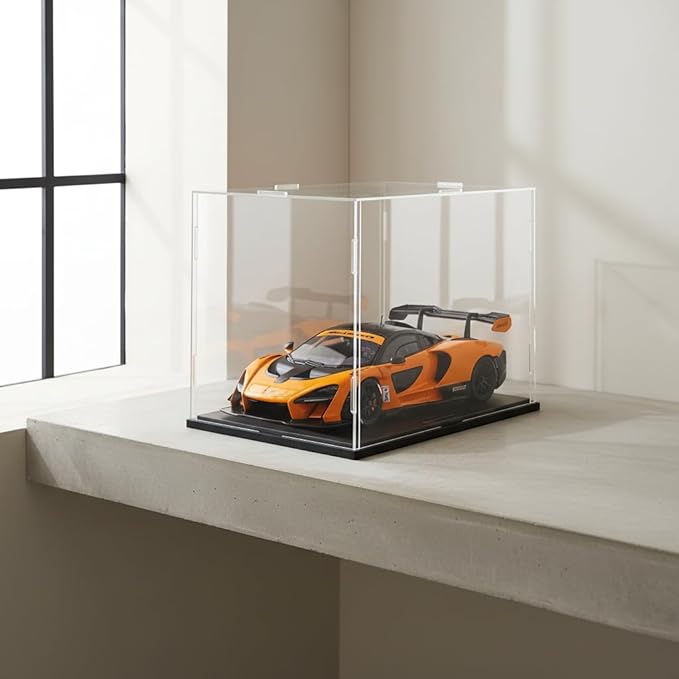 Clear Acrylic Display Case, Assemble Cube Display Box Stand with Black Base, Dustproof Protection Showcase for Collectibles Memorabilia Figurines (8x8x8 inch; 20x20x20cm)