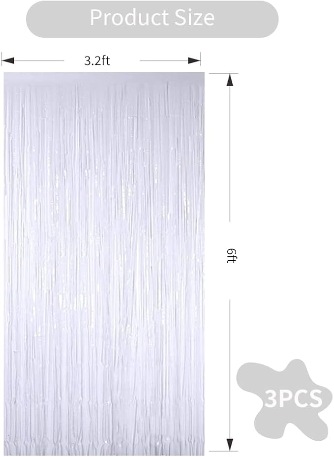 3Pcs White Metallic Tinsel Foil Fringe Curtains, 3.28ft x 6.56ft White Photo Booth Backdrop Streamer Curtain,Photo Booth Props, Bachelorette Party Supplies, Birthday, Christmas,New Year Decorations