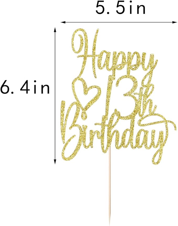 Gold Glitter Happy 13th Birthday Cake Topper - Cheers to 13 Years Cake Topper, 13 & Fabulous Cake Decoration for Hello 13th Birthday Anniversary Party Cake Decorations Supplies