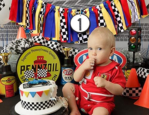 First Birthday Party Supplies - Race Car Banner For Photo Booth Props And Backdrop Cake Smash, Best 1st Party Decorations For Kids (1st Race Car Birthday Banner)
