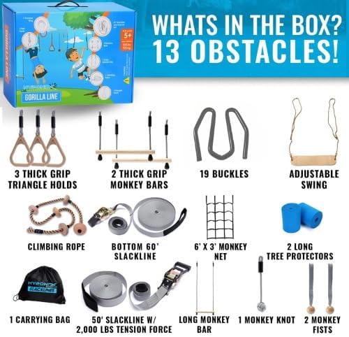 Hyponix Ninja Warrior Obstacle Course for Kids – 2 x 60 ft Slackline with 13 Outdoor Ninja Obstacles, Supports 880lbs – Monkey Net, Ratchet-Tight Tech, Climbing, Swinging & Balance Training, Ages 3+