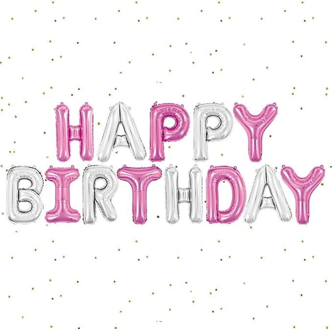 ZHENGYE Pink Silver Happy Birthday Balloon Letters Banner Sign Capital Mylar Foil Banner Balloons Boys Girls Birthday Party Decorations Supplies