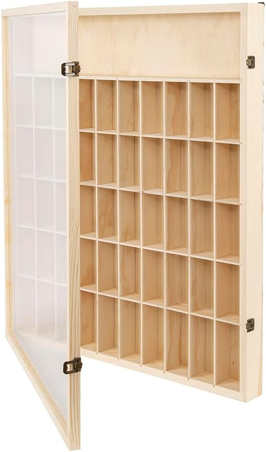 1:64 Scale Toy Car Display Case Organizer Storage with Acrylic Transparent Door, Wooden Wheel Rack Wall Mounted with 51 Compartments for Toy Car, Collectibles, Figurines (61.8x74.8x7cm)