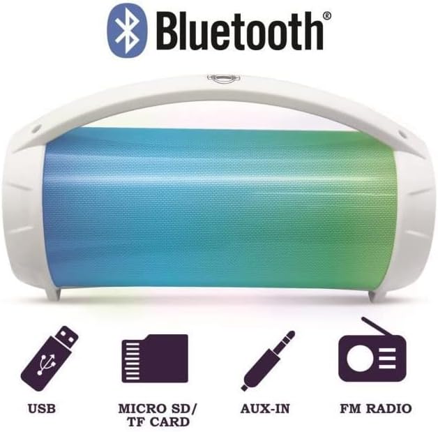 Lexibook, iParty, Portable Bluetooth Light Speaker with Microphone, Stereo, Light Effects, Karaoke, Wireless, USB, SD Card, Rechargeable Battery, White, BTP585Z