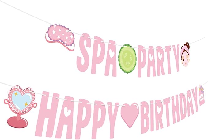 Spa Party Banner Spa Party Decorations Supplies for Girls Pink Happy Birthday Banner Sign Spa Themed Garlands for Princess Sleepovers Slumber Makeup Party Decorations