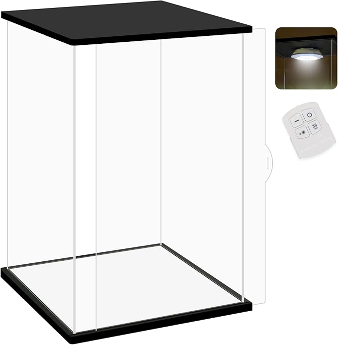 NONEMEY Clear Acrylic Display Case with Remote Control Light for Collectibles, Dustproof Model Showcase Organizer Box, Display Case for Collectibles (7.8x6x13.8inch,20x15x35cm)
