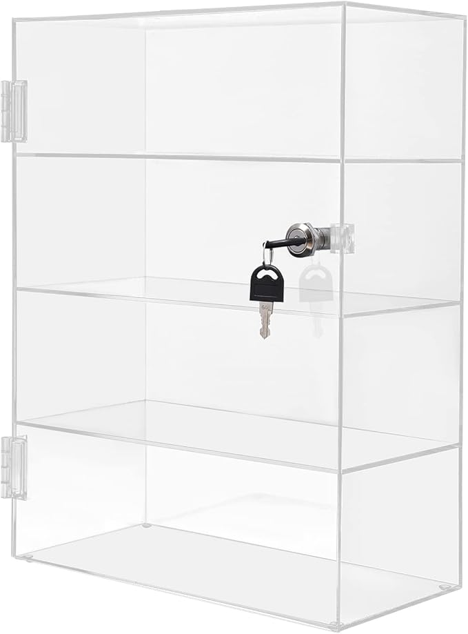 Clear Acrylic Display Case,4 Layer Transparent Countertop Showcase,Protection Showcase with Lock for Toy Collectibles Office Retail Store Safe Storage Sunglasses Toys (11.81*5.9*15.75 Inch)