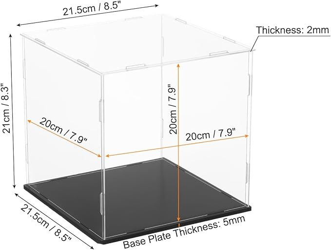 uxcell Acrylic Clear Display Case for Collectibles Self-Assemble Display Boxes with Black Base Dustproof Countertop Storage Box for Collectibles Action Figures, 7.9 x 7.9 x 7.9 Inch