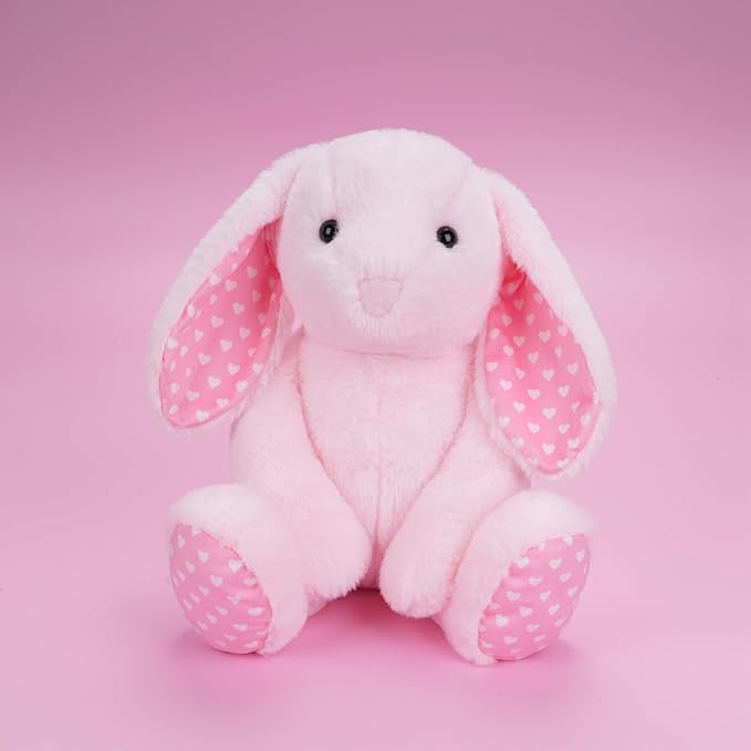 Pink Rabbit Bunny Stuffed Animal Plush Toys with Floppy Ears & Heart Print for Lover, Kids, Boys, Girls, Babies - Perfect Birthday Nursery Décor Easter Christmas Bedtime Gift