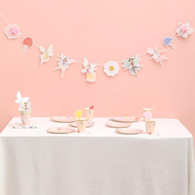 57Pcs Fairy Disposable Tableware Set Flower Fairies Mushroom Party Plates Cups Napkins Sets Fairy Cake Topper Banner Fairy Party Decorations Supplies Girls Birthday Party Decor(10 Guests)
