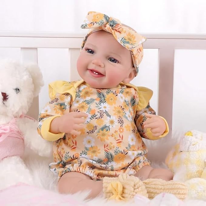 BABESIDE 3 Pcs Reborn Baby Doll Clothes for 17-22 Inch Babydolls, Floral Pattern Babydoll Clothes with Shoes and Headband for Lifelike Reborn Baby Dolls Accessories, Yellow