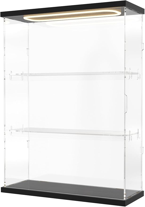 DuvinDD Acrylic Display Case for Collectibles with LED Light Top, 3-Shelves Clear Figure Display Case with Door, Dustproof Hot Wheels Display Case Storage Box Black(12.4x4.5x16.7inch)