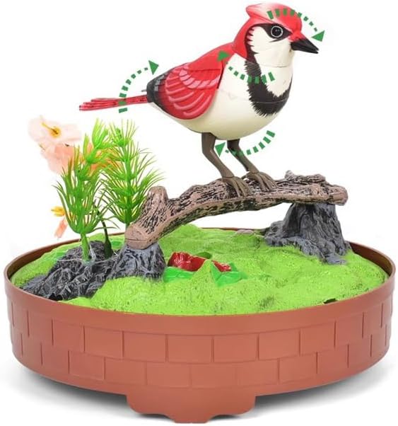 PowerTRC Singing & Chirping Bird in Cage, Realistic Sounds & Movements, Sound Activated, Battery Operated, Great Desk and Room Accessory, Pet Caged Bird Toy (10” x 7”)